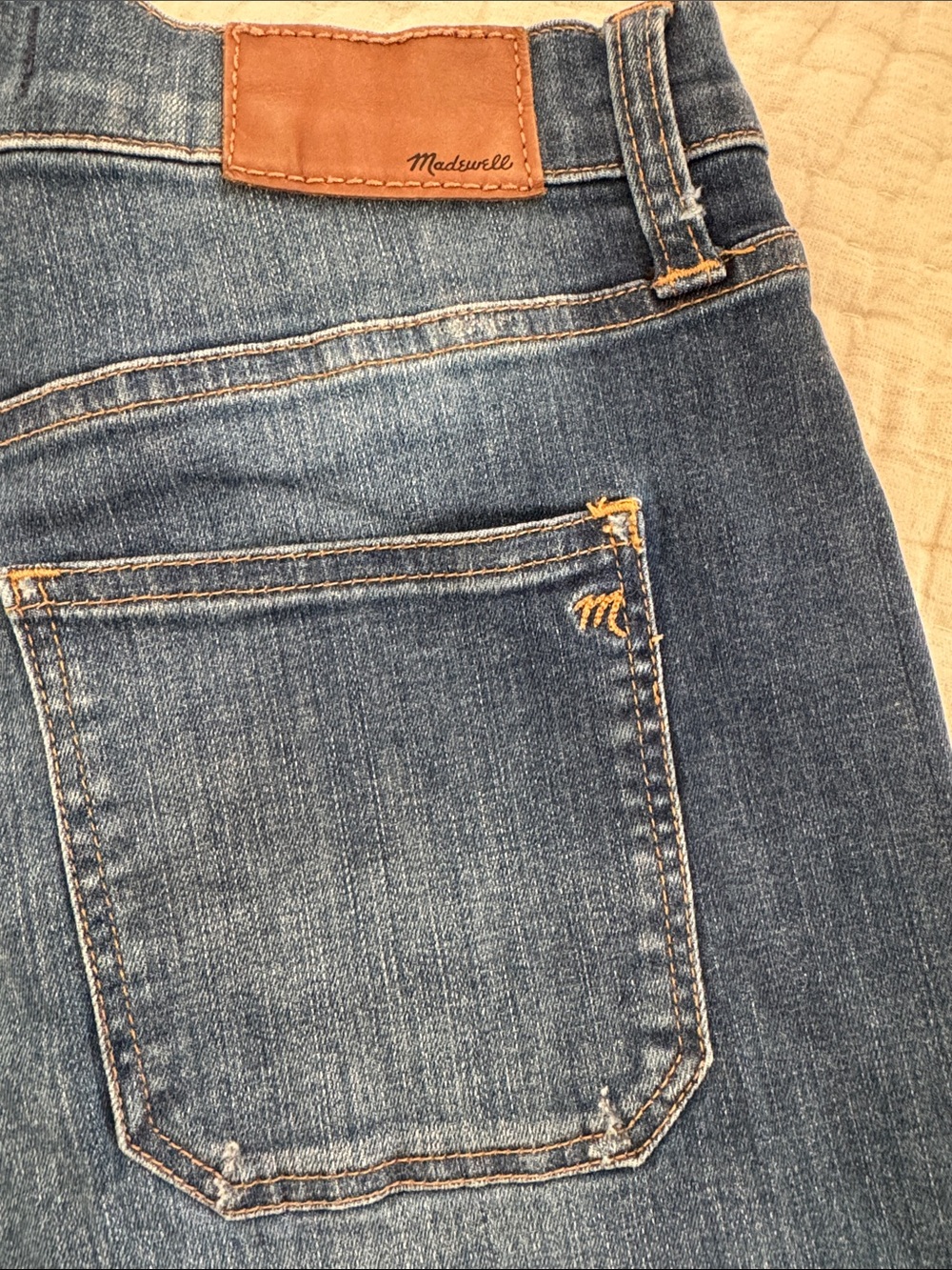 Madewell Skinny Jeans in Medium Blue Wash with Tan Leather Patch